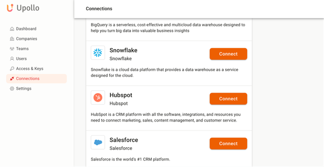 Screenshot of connections list with hubspot visible