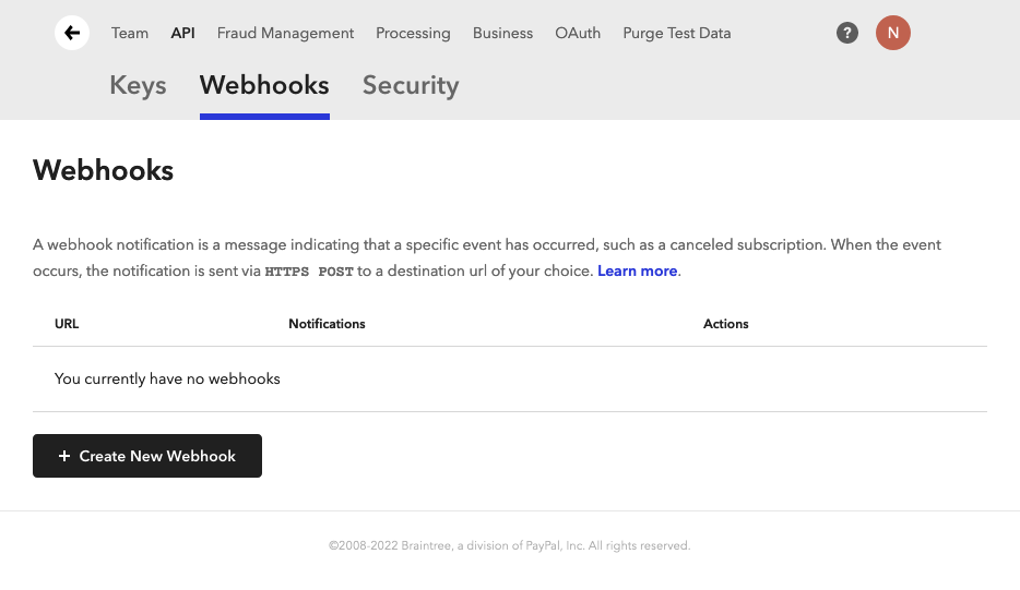 screenshot of braintree webhook settings